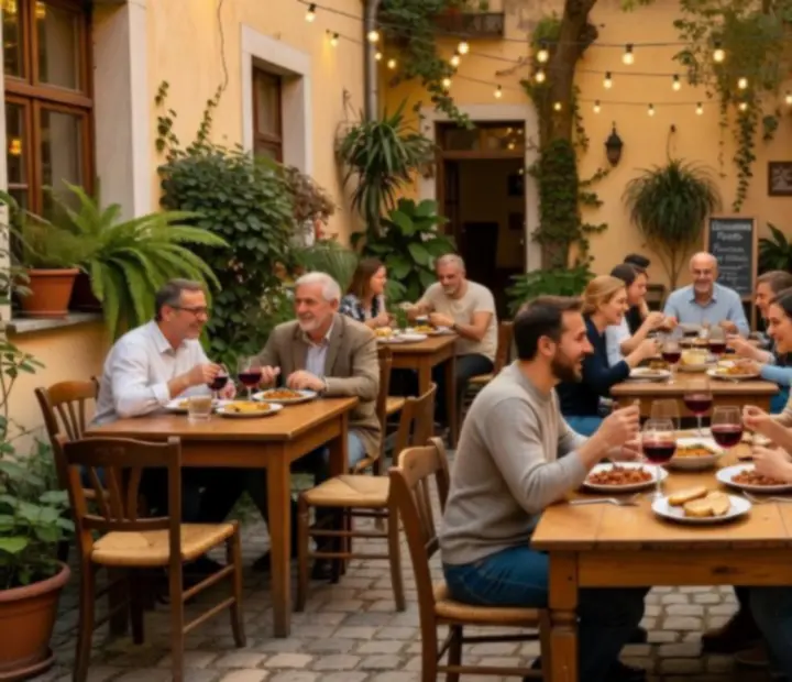 Hangulatos, kivilágított budapesti courtyard bisztró fa asztalokkal