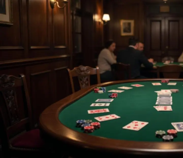 Játékosok Texas Hold'em asztal körül, téglafalú lounge térben