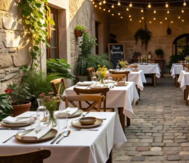 Napfényes magyar belső udvar rendezvényre megterítve, fa asztalokkal és bistro hangulattal