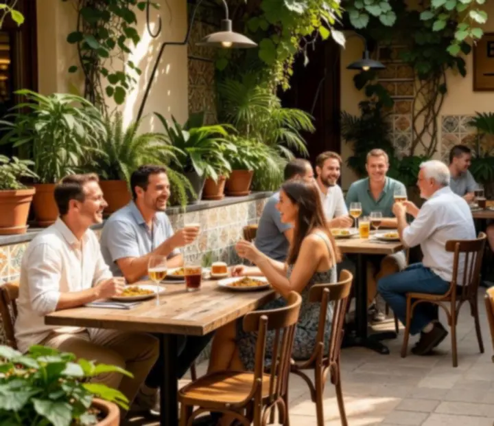 Napfényes budapesti belső udvar faasztalokkal és barátságos bistro hangulattal