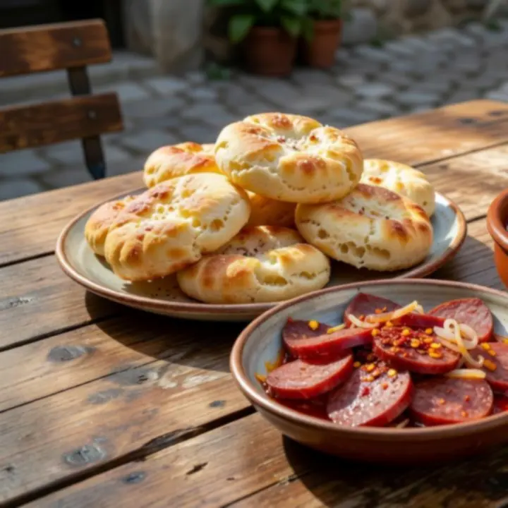 Magyar előételek tálja pogácsával és fűszeres kolbásszal