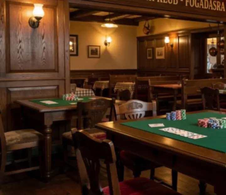 Privát poker szalon, zöld posztós asztalokkal, zsetonokkal és kártyákkal