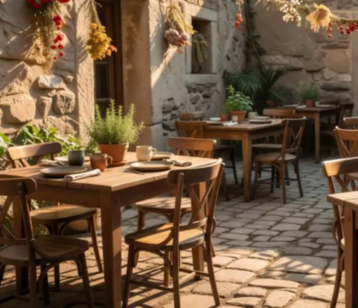 Napfényben úszó bistro-udvar hűs árnyékot adó fákkal és terített faasztalokkal.