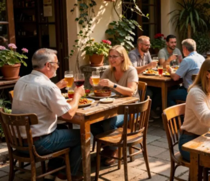 Napfényes budapesti udvaros bistro faborítású asztalokkal és barátságos hangulattal.