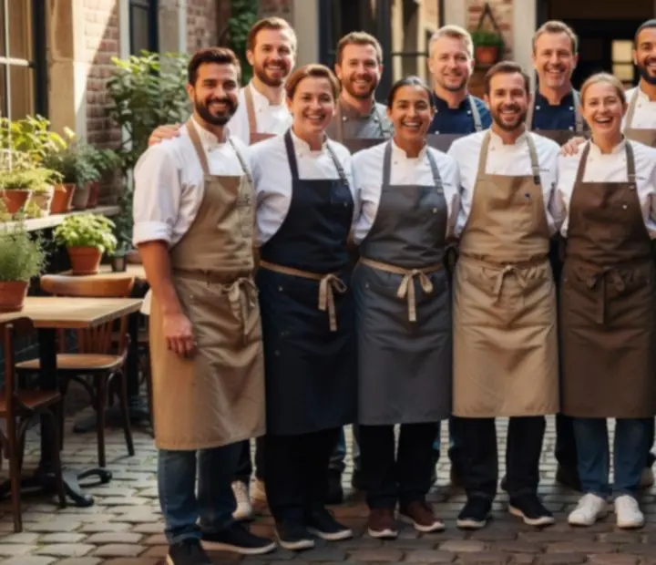 Mosolygó bistrocsapat a Magyarkalauz24 udvaros konyhája előtt, kötényben és tálcákkal a kézben.