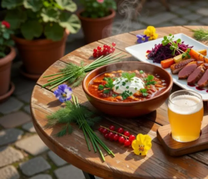 Magyaros signature fogások és craft sörök fa asztalon tálalva a courtyard bisztróban