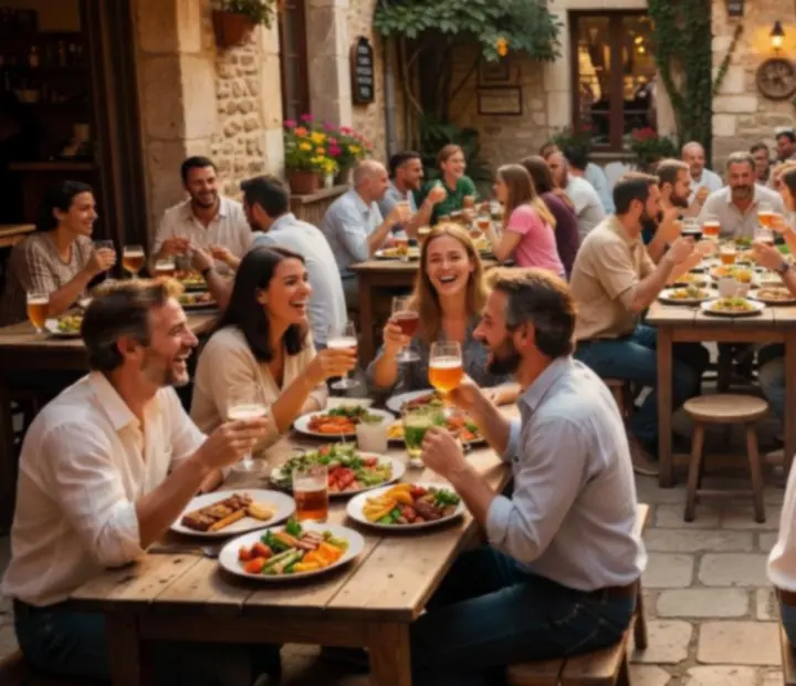 Barátságos, nyitott udvaros bistro vendégekkel és közösségi asztalokkal