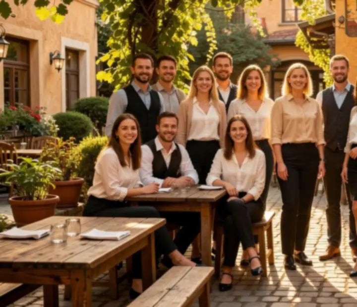 Udvari gastropub csapat a napfényes belső udvaron